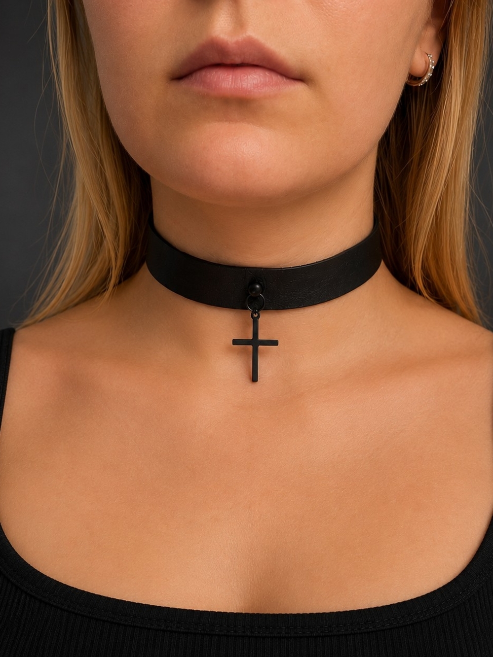 Black Cross Choker Goth Punk Alternative Faux Leather Collar